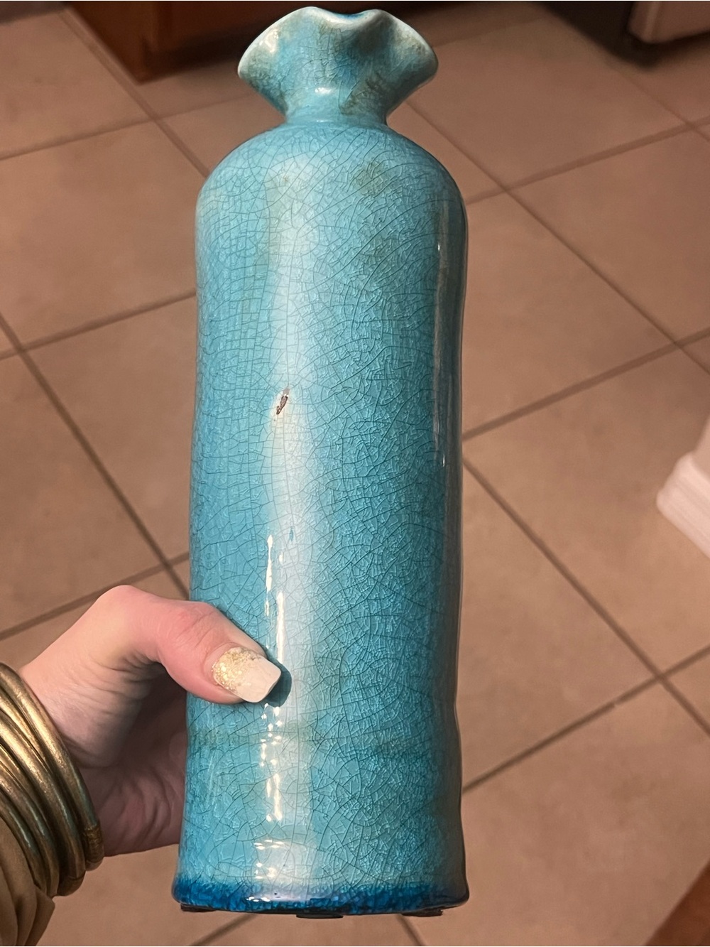 Teal Ceramic Decorative Vase With Ruffle Lip